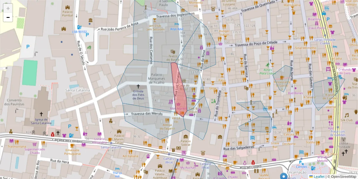 Mapa detalhado do código postal 1200-247 com limites, códigos postais vizinhos e agências dos correios