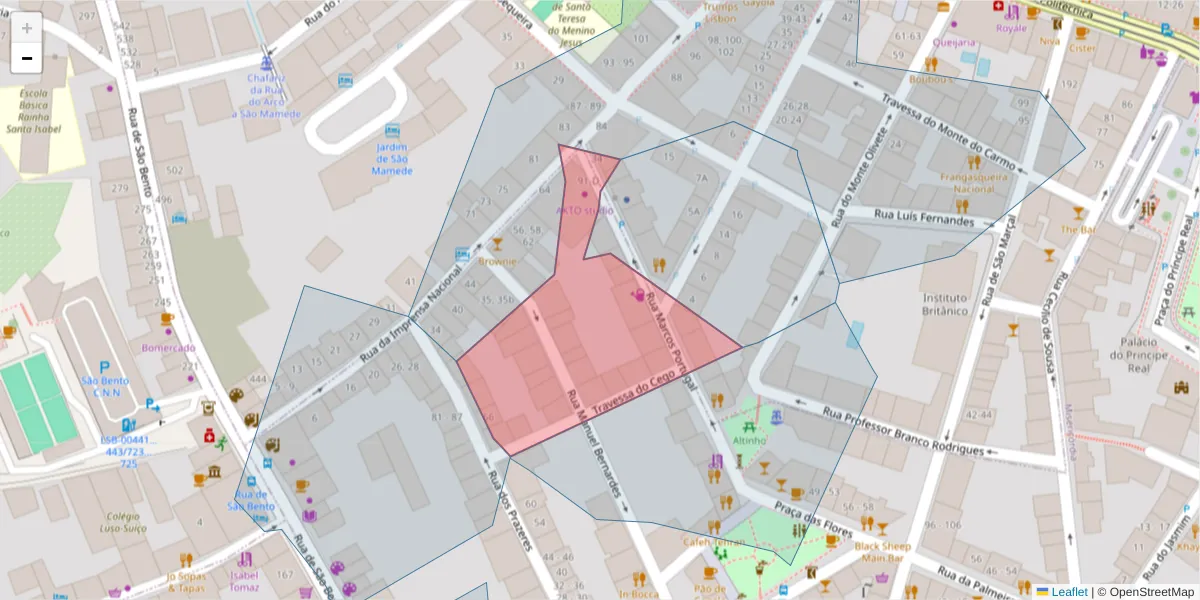 Mapa detalhado do código postal 1200-257 com limites, códigos postais vizinhos e agências dos correios