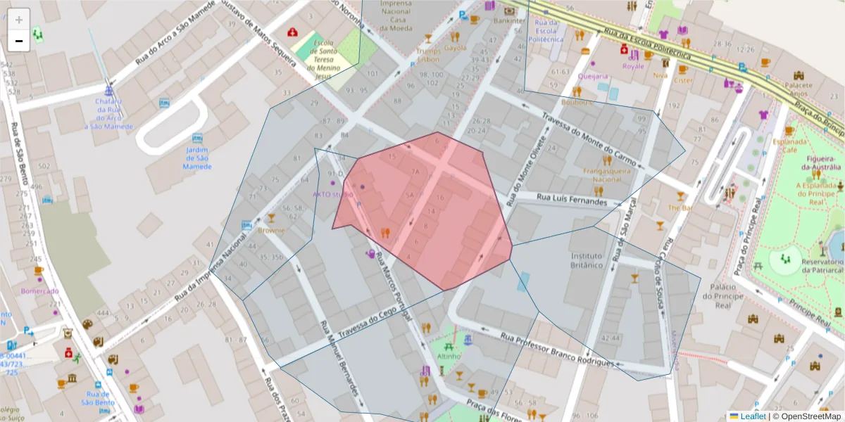 Mapa detalhado do código postal 1200-258 com limites, códigos postais vizinhos e agências dos correios