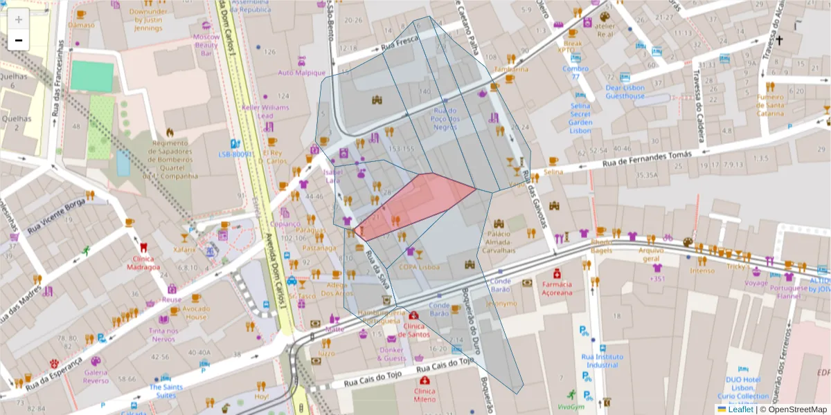 Mapa detalhado do código postal 1200-264 com limites, códigos postais vizinhos e agências dos correios