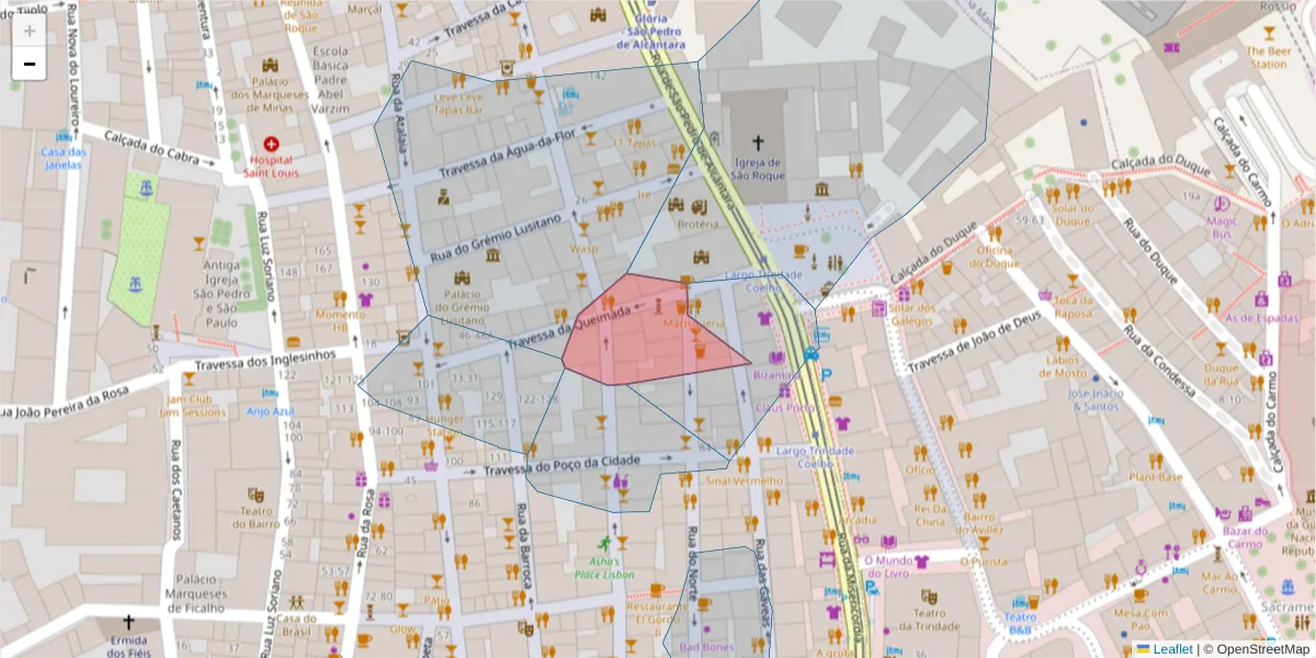 Mapa detalhado do código postal 1200-285 com limites, códigos postais vizinhos e agências dos correios