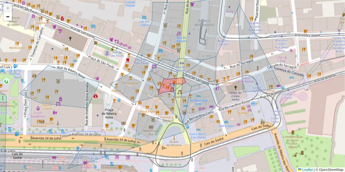 Mapa detalhado do código postal 1200-292 com limites, códigos postais vizinhos e agências dos correios