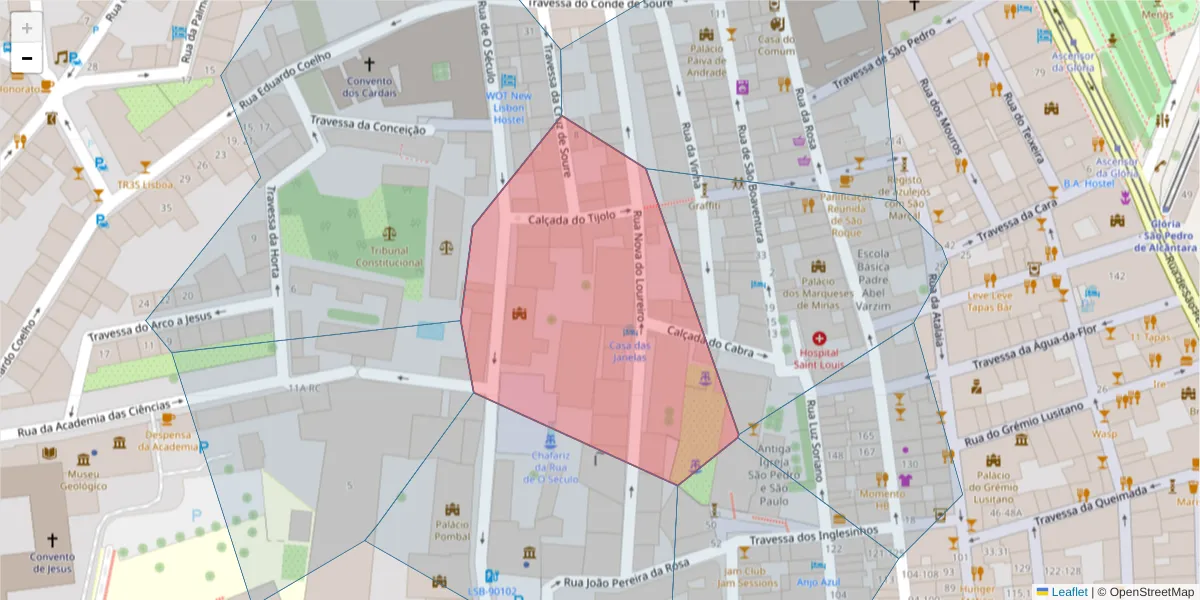 Mapa detalhado do código postal 1200-293 com limites, códigos postais vizinhos e agências dos correios
