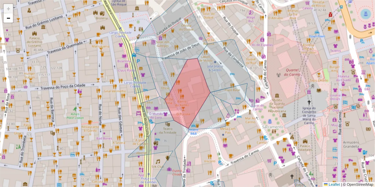 Mapa detalhado do código postal 1200-303 com limites, códigos postais vizinhos e agências dos correios