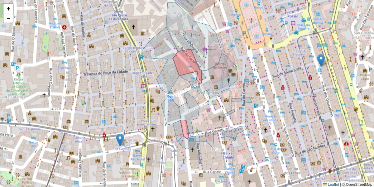 Mapa detalhado do código postal 1200-309 com limites, códigos postais vizinhos e agências dos correios