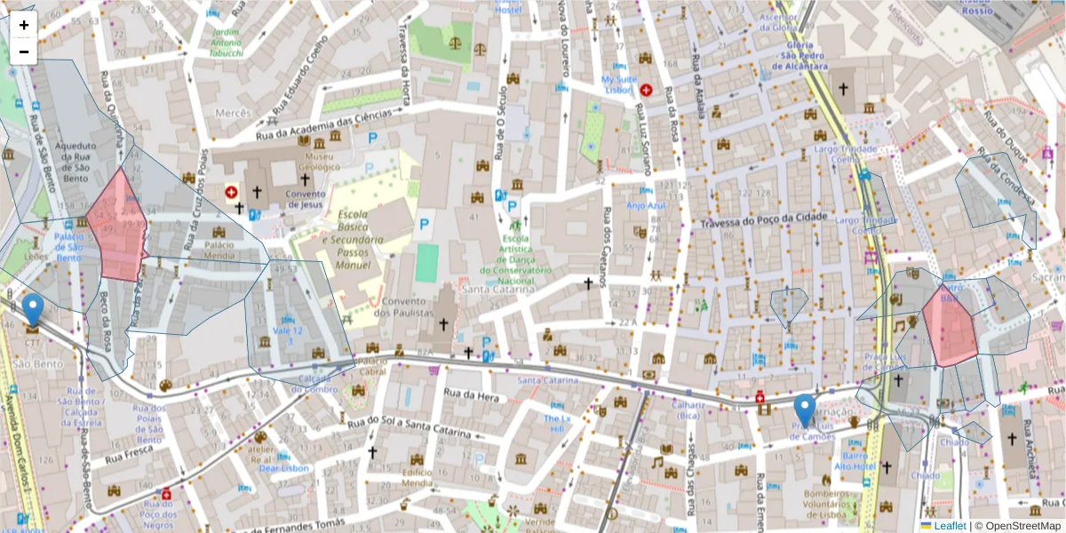Mapa detalhado do código postal 1200-320 com limites, códigos postais vizinhos e agências dos correios