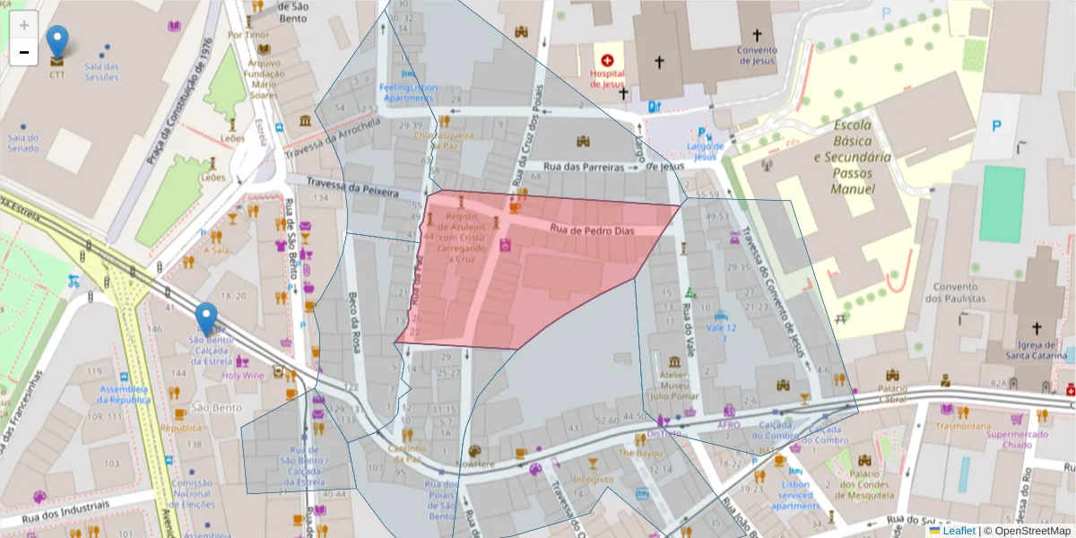 Mapa detalhado do código postal 1200-322 com limites, códigos postais vizinhos e agências dos correios
