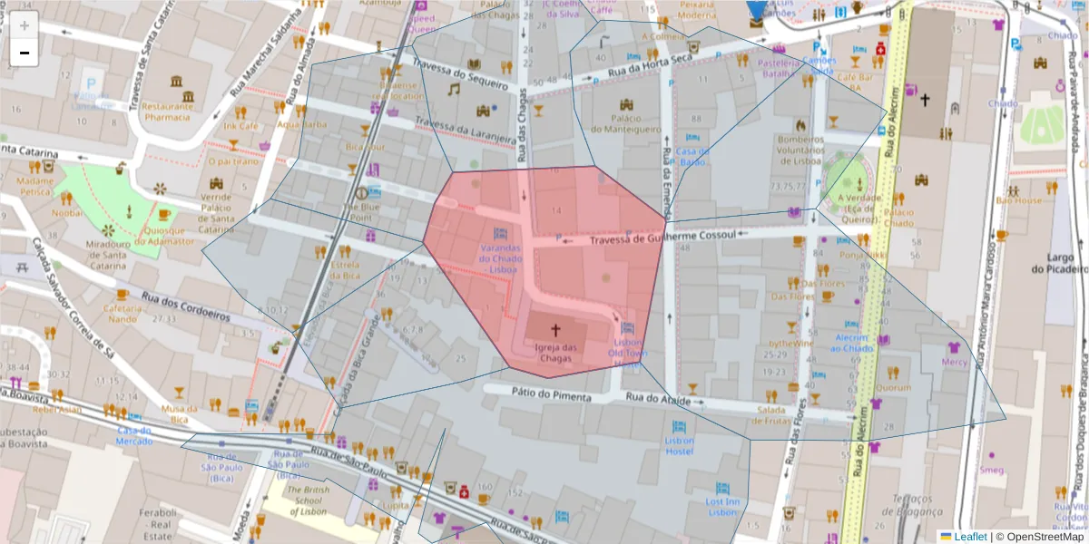 Mapa detalhado do código postal 1200-351 com limites, códigos postais vizinhos e agências dos correios