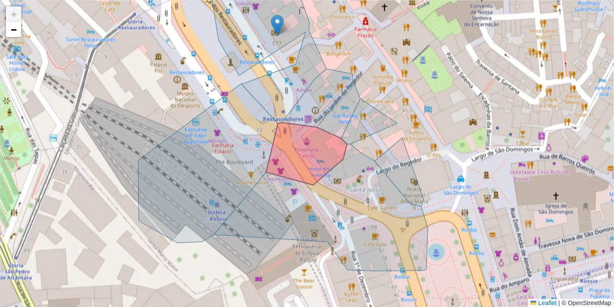 Mapa detalhado do código postal 1200-360 com limites, códigos postais vizinhos e agências dos correios