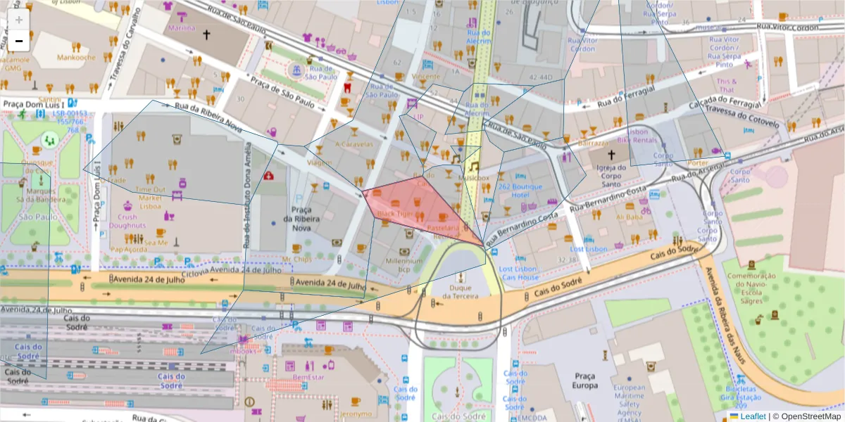 Mapa detalhado do código postal 1200-371 com limites, códigos postais vizinhos e agências dos correios