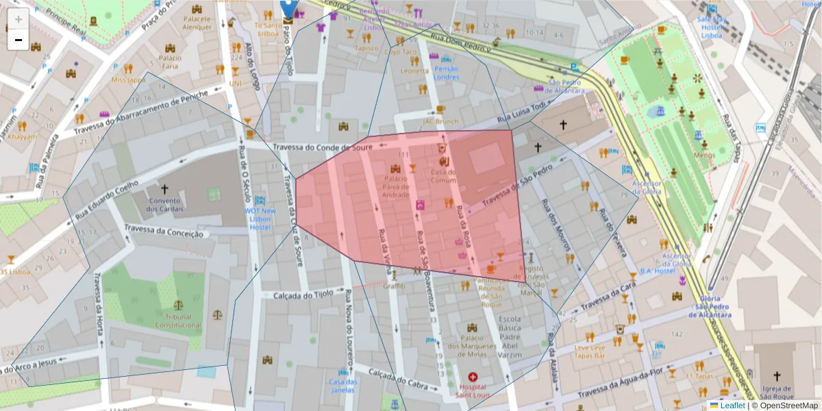Mapa detalhado do código postal 1200-385 com limites, códigos postais vizinhos e agências dos correios