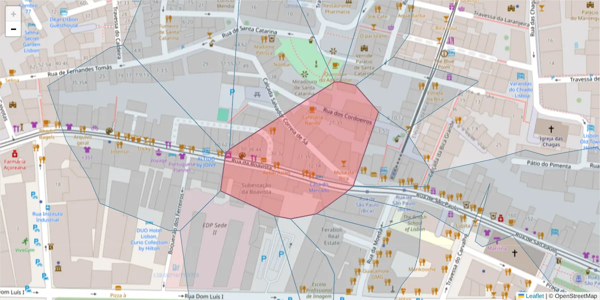 Mapa detalhado do código postal 1200-399 com limites, códigos postais vizinhos e agências dos correios
