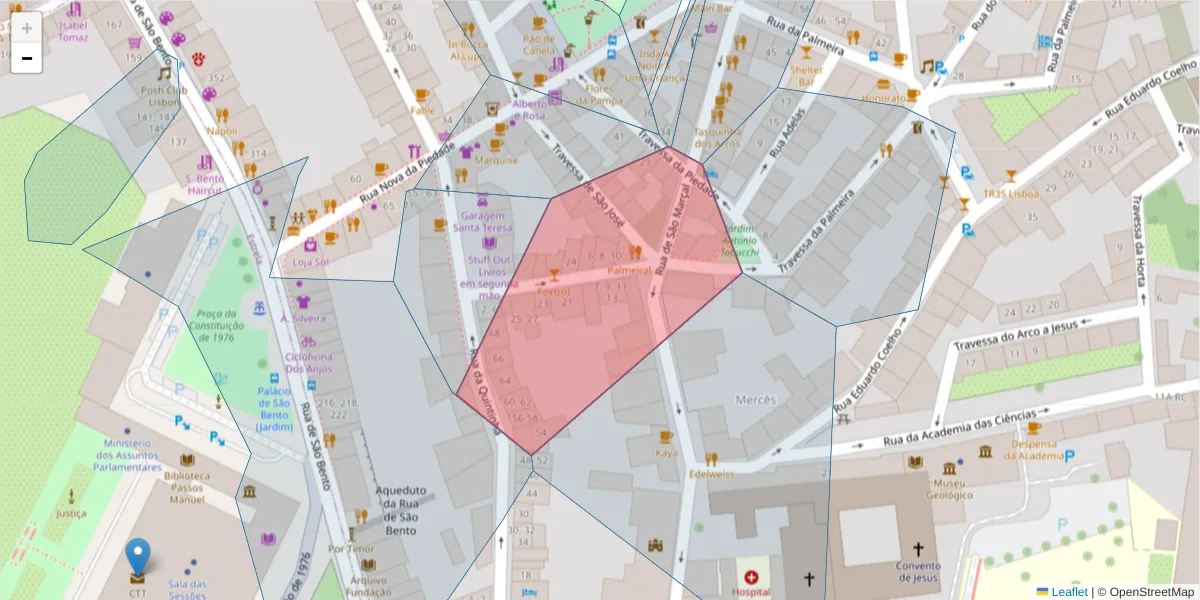 Mapa detalhado do código postal 1200-405 com limites, códigos postais vizinhos e agências dos correios