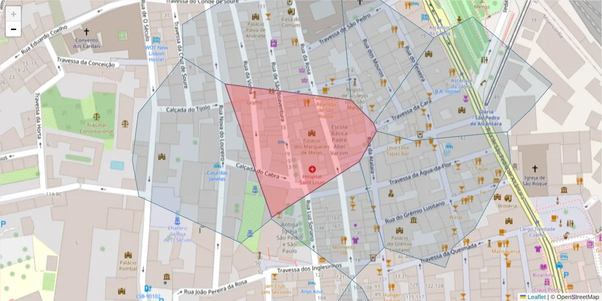 Mapa detalhado do código postal 1200-407 com limites, códigos postais vizinhos e agências dos correios
