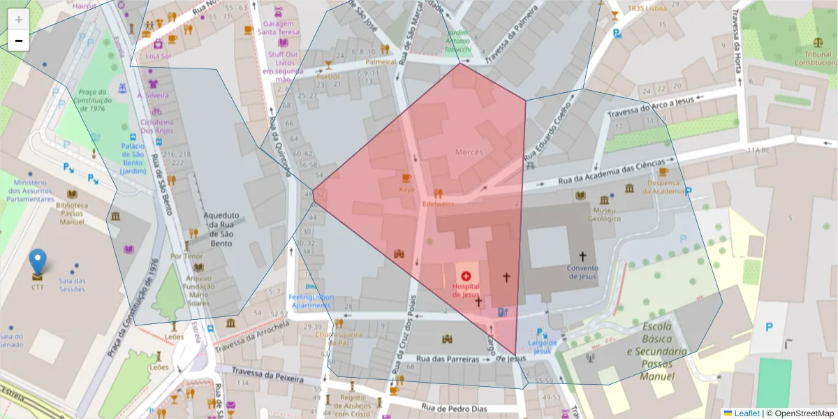 Mapa detalhado do código postal 1200-421 com limites, códigos postais vizinhos e agências dos correios