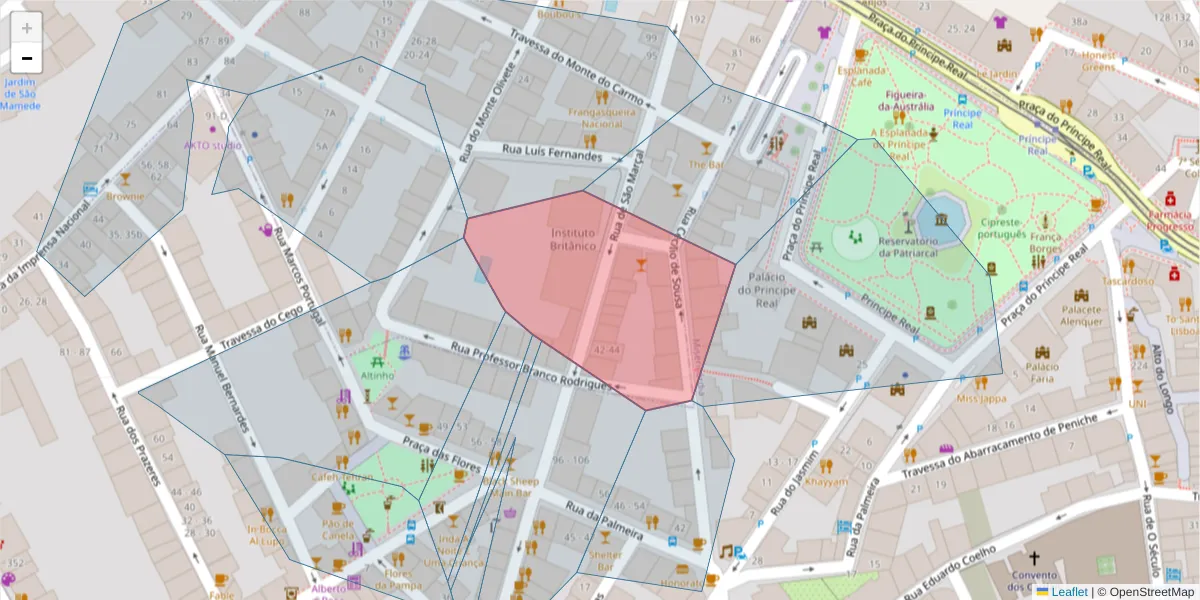 Mapa detalhado do código postal 1200-423 com limites, códigos postais vizinhos e agências dos correios