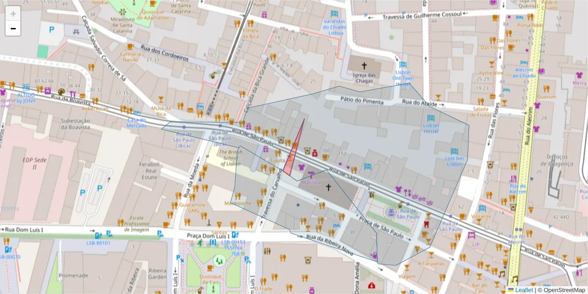 Mapa detalhado do código postal 1200-425 com limites, códigos postais vizinhos e agências dos correios