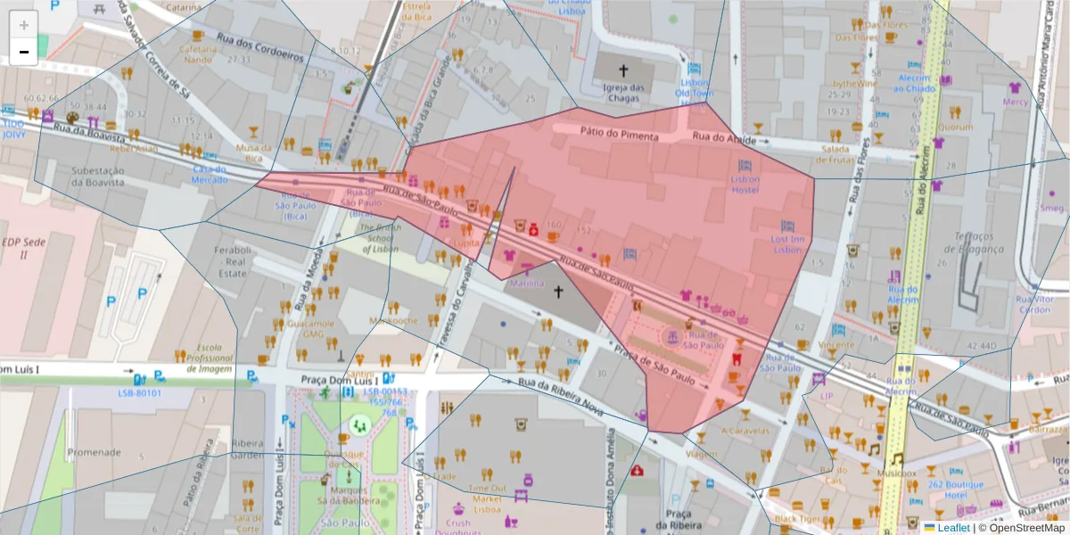 Mapa detalhado do código postal 1200-429 com limites, códigos postais vizinhos e agências dos correios