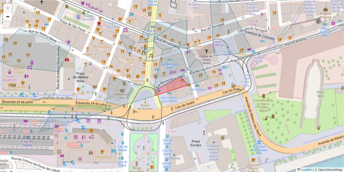 Mapa detalhado do código postal 1200-450 com limites, códigos postais vizinhos e agências dos correios