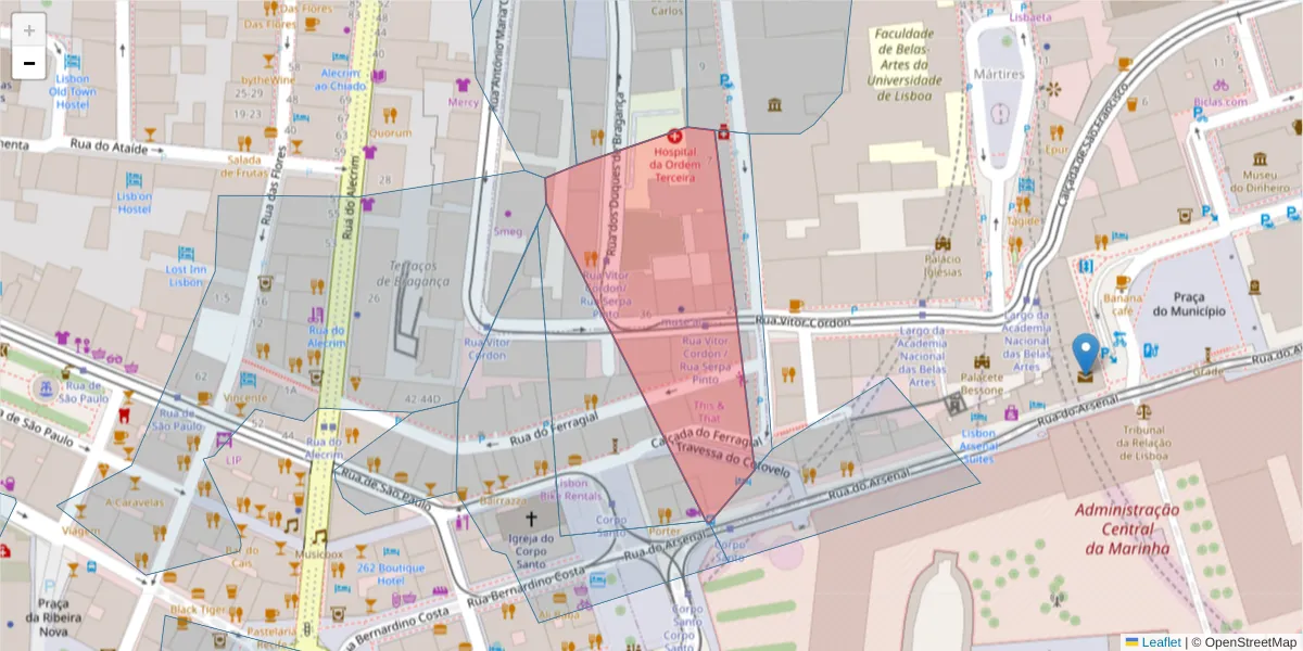 Mapa detalhado do código postal 1200-484 com limites, códigos postais vizinhos e agências dos correios