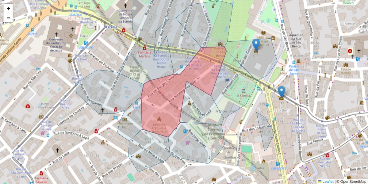 Mapa detalhado do código postal 1200-602 com limites, códigos postais vizinhos e agências dos correios