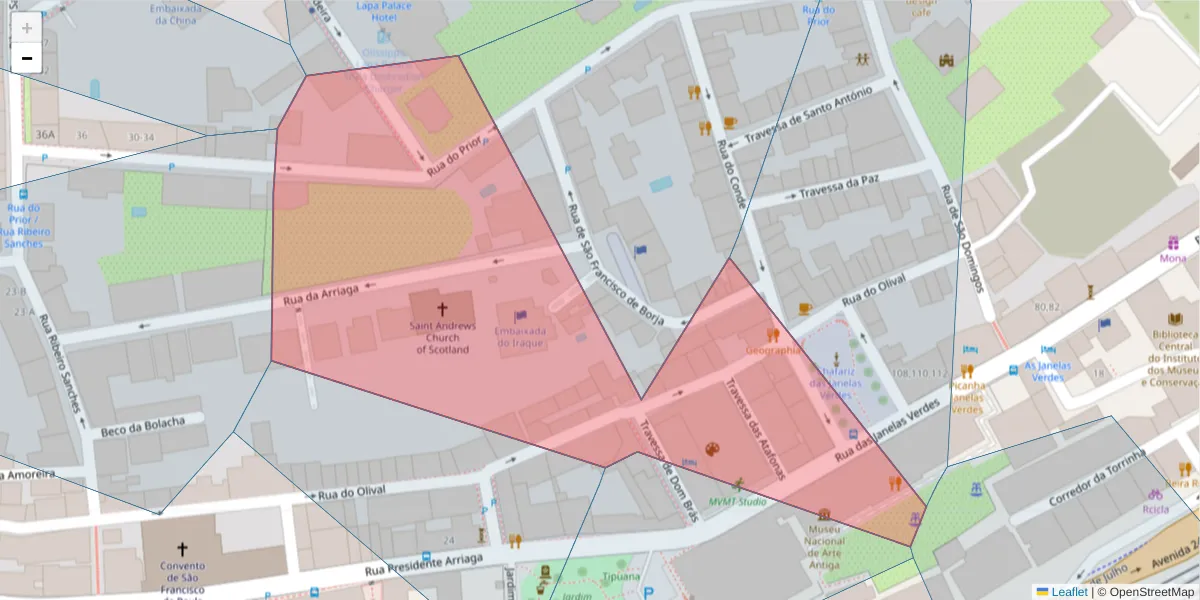 Mapa detalhado do código postal 1200-608 com limites, códigos postais vizinhos e agências dos correios