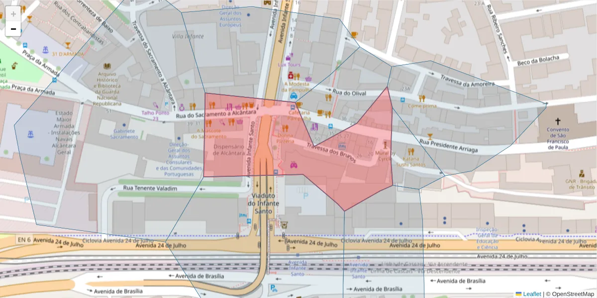 Mapa detalhado do código postal 1200-621 com limites, códigos postais vizinhos e agências dos correios