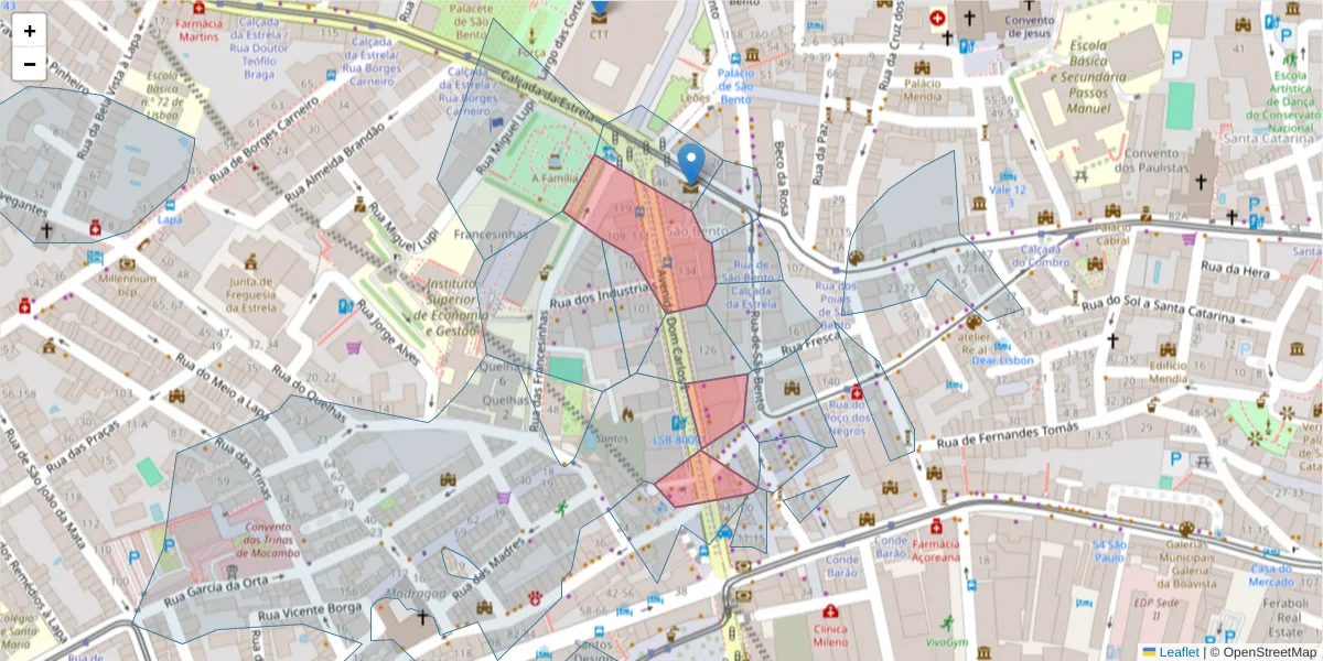 Mapa detalhado do código postal 1200-651 com limites, códigos postais vizinhos e agências dos correios