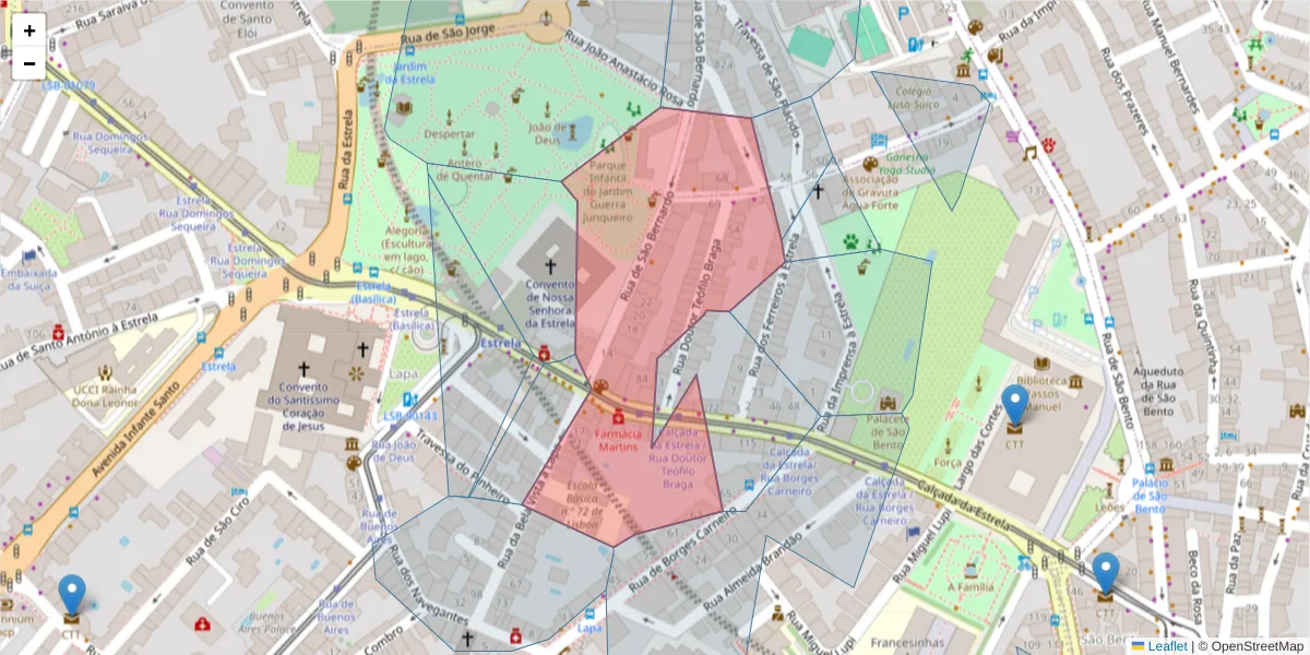 Mapa detalhado do código postal 1200-662 com limites, códigos postais vizinhos e agências dos correios