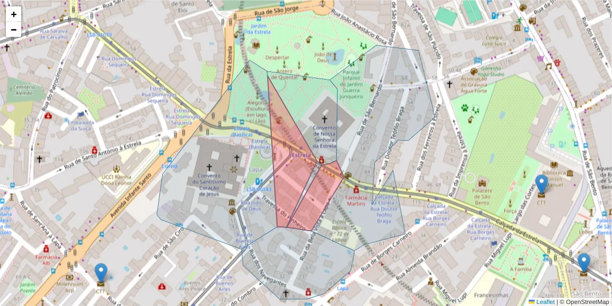 Mapa detalhado do código postal 1200-663 com limites, códigos postais vizinhos e agências dos correios