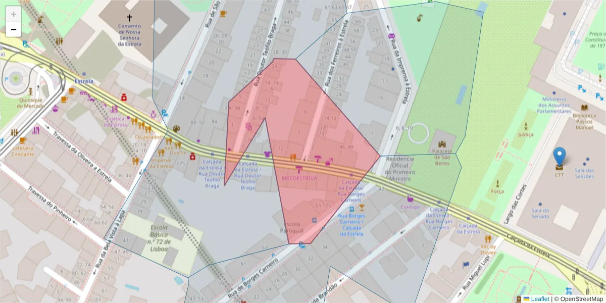 Mapa detalhado do código postal 1200-665 com limites, códigos postais vizinhos e agências dos correios