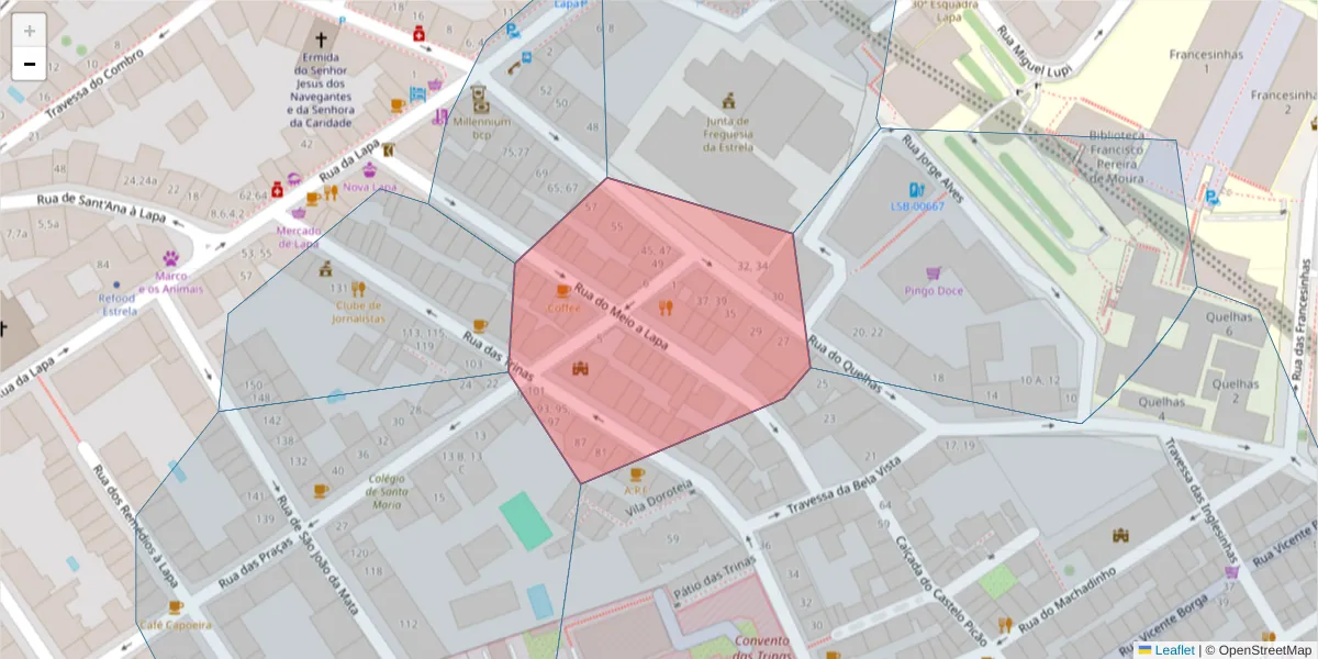 Mapa detalhado do código postal 1200-724 com limites, códigos postais vizinhos e agências dos correios