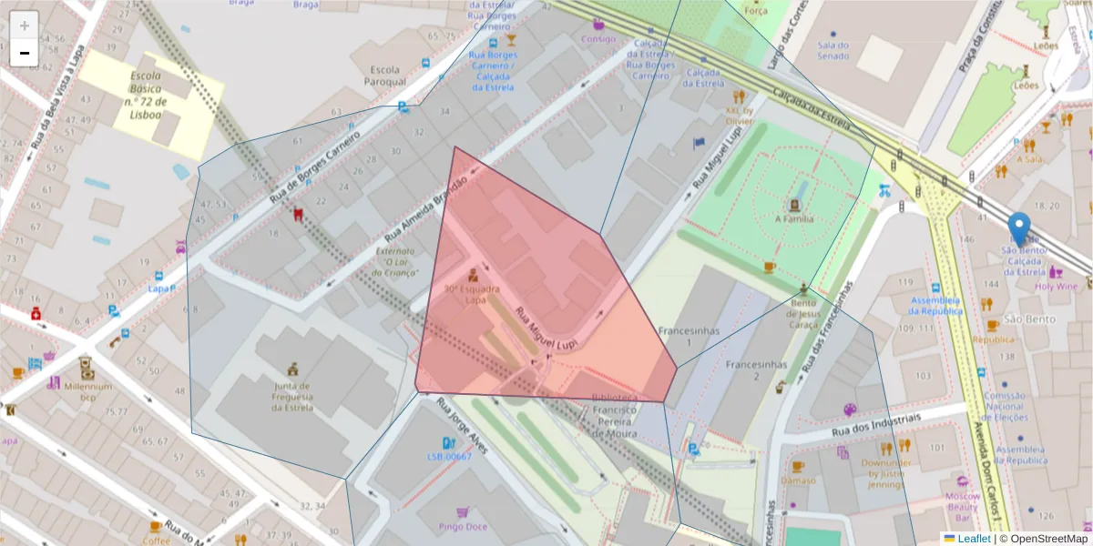 Mapa detalhado do código postal 1200-725 com limites, códigos postais vizinhos e agências dos correios