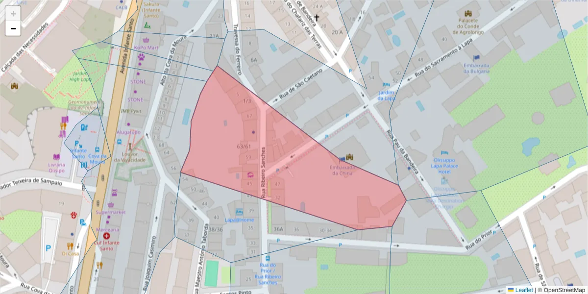 Mapa detalhado do código postal 1200-795 com limites, códigos postais vizinhos e agências dos correios