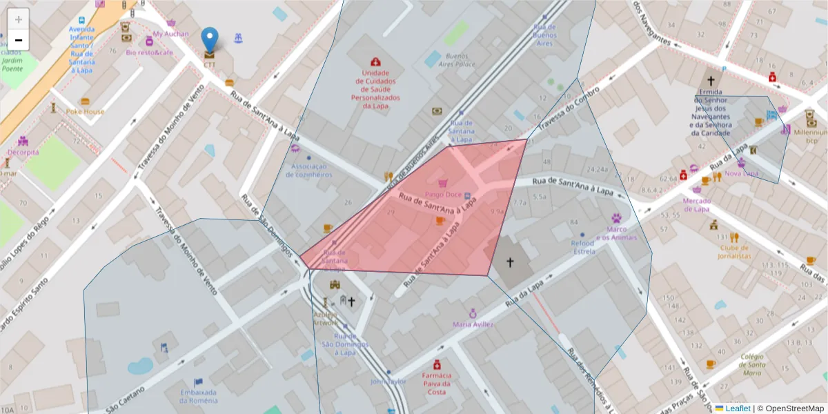 Mapa detalhado do código postal 1200-798 com limites, códigos postais vizinhos e agências dos correios