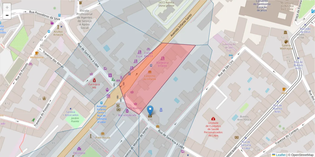 Mapa detalhado do código postal 1200-800 com limites, códigos postais vizinhos e agências dos correios