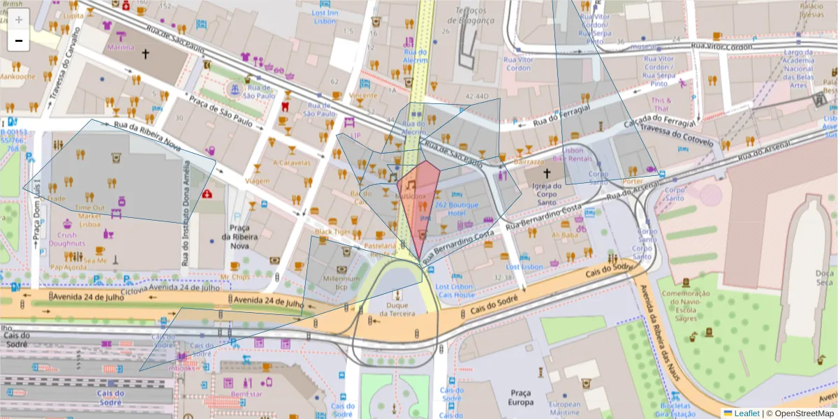 Mapa detalhado do código postal 1249-002 com limites, códigos postais vizinhos e agências dos correios