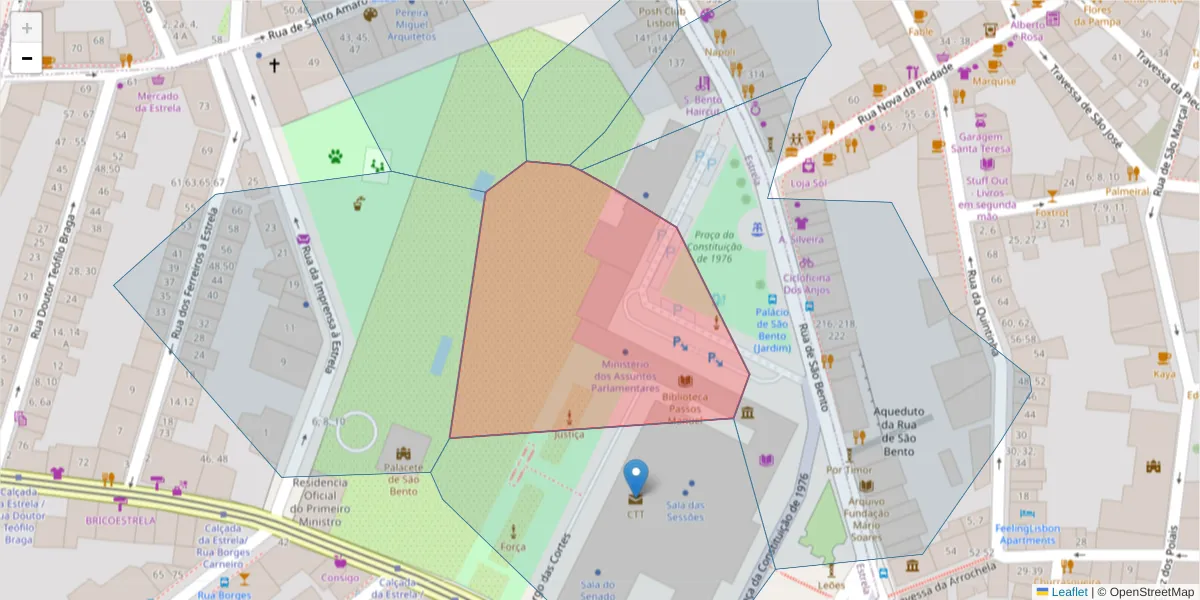 Mapa detalhado do código postal 1249-068 com limites, códigos postais vizinhos e agências dos correios