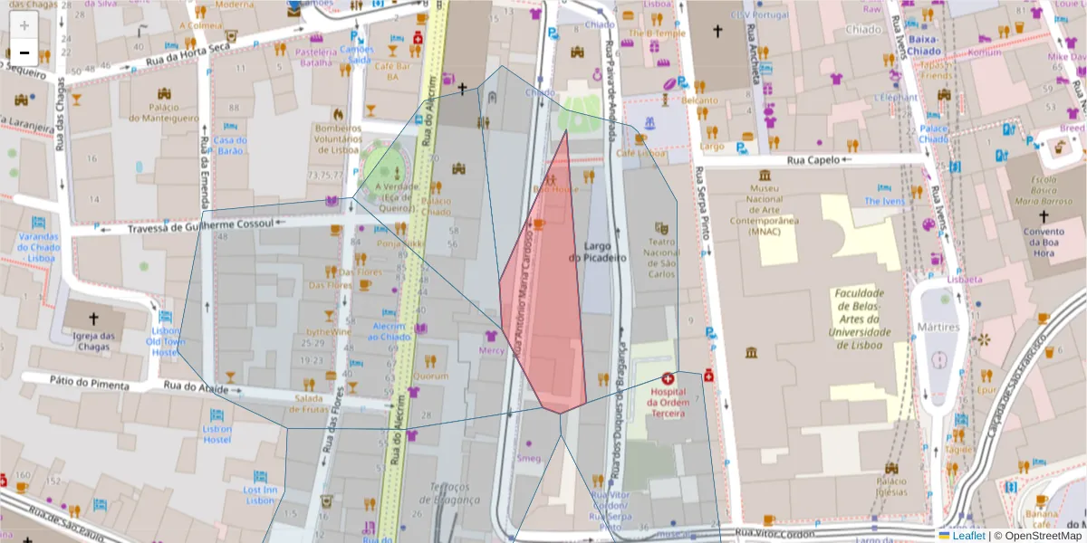 Mapa detalhado do código postal 1249-101 com limites, códigos postais vizinhos e agências dos correios