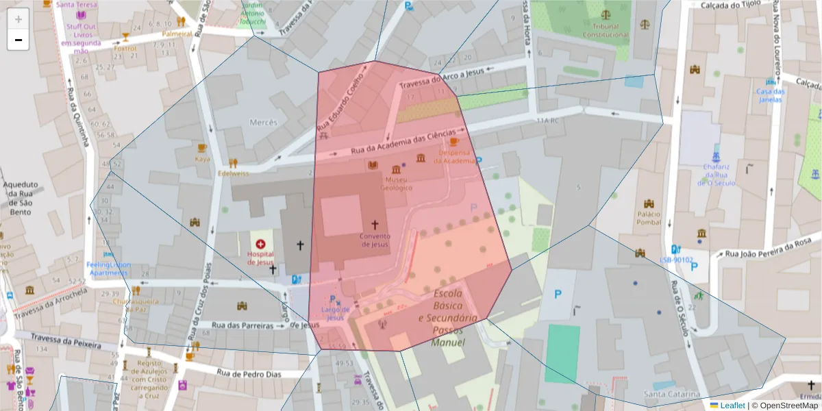 Mapa detalhado do código postal 1249-280 com limites, códigos postais vizinhos e agências dos correios