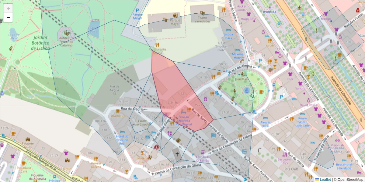Mapa detalhado do código postal 1250-005 com limites, códigos postais vizinhos e agências dos correios
