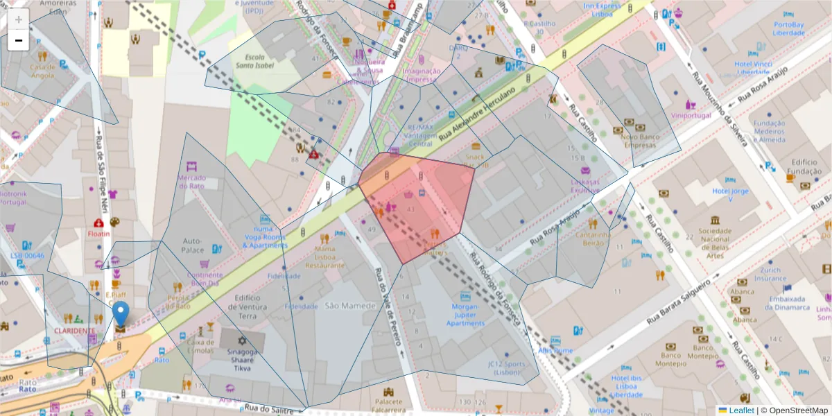 Mapa detalhado do código postal 1250-010 com limites, códigos postais vizinhos e agências dos correios