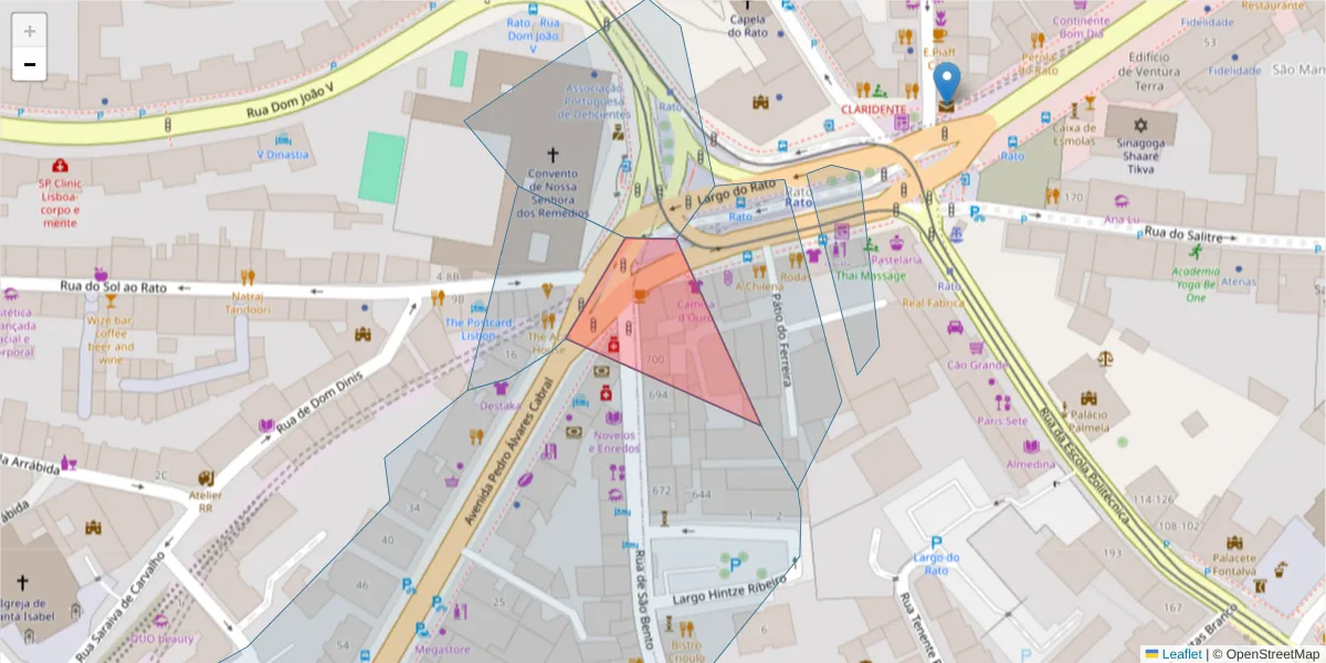 Mapa detalhado do código postal 1250-015 Santa Isabel com limites, códigos postais vizinhos e agências dos correios