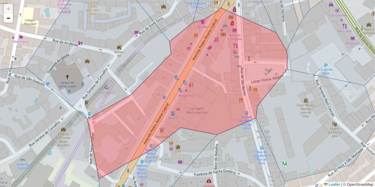 Mapa detalhado do código postal 1250-015 com limites, códigos postais vizinhos e agências dos correios