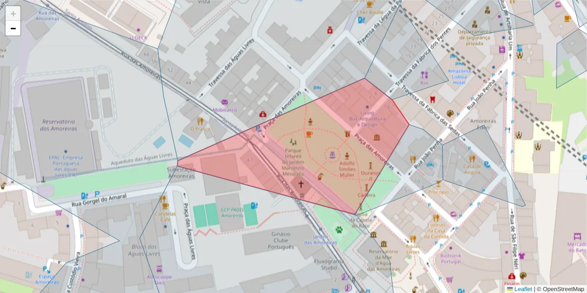 Mapa detalhado do código postal 1250-020 com limites, códigos postais vizinhos e agências dos correios