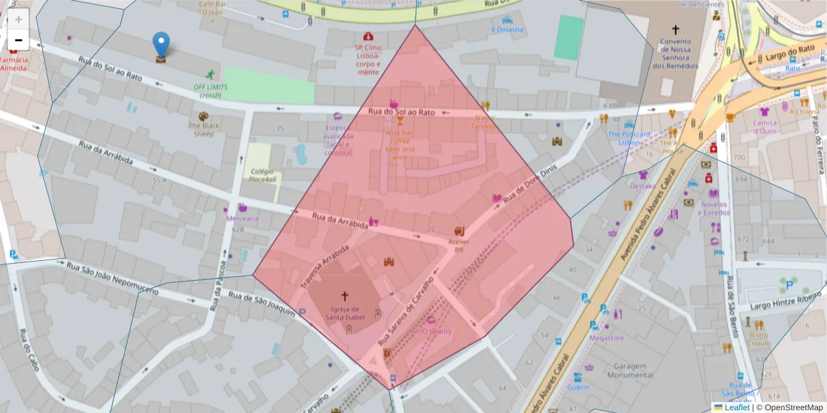 Mapa detalhado do código postal 1250-033 com limites, códigos postais vizinhos e agências dos correios