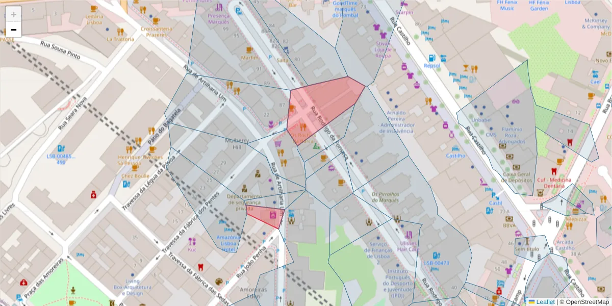 Mapa detalhado do código postal 1250-037 com limites, códigos postais vizinhos e agências dos correios
