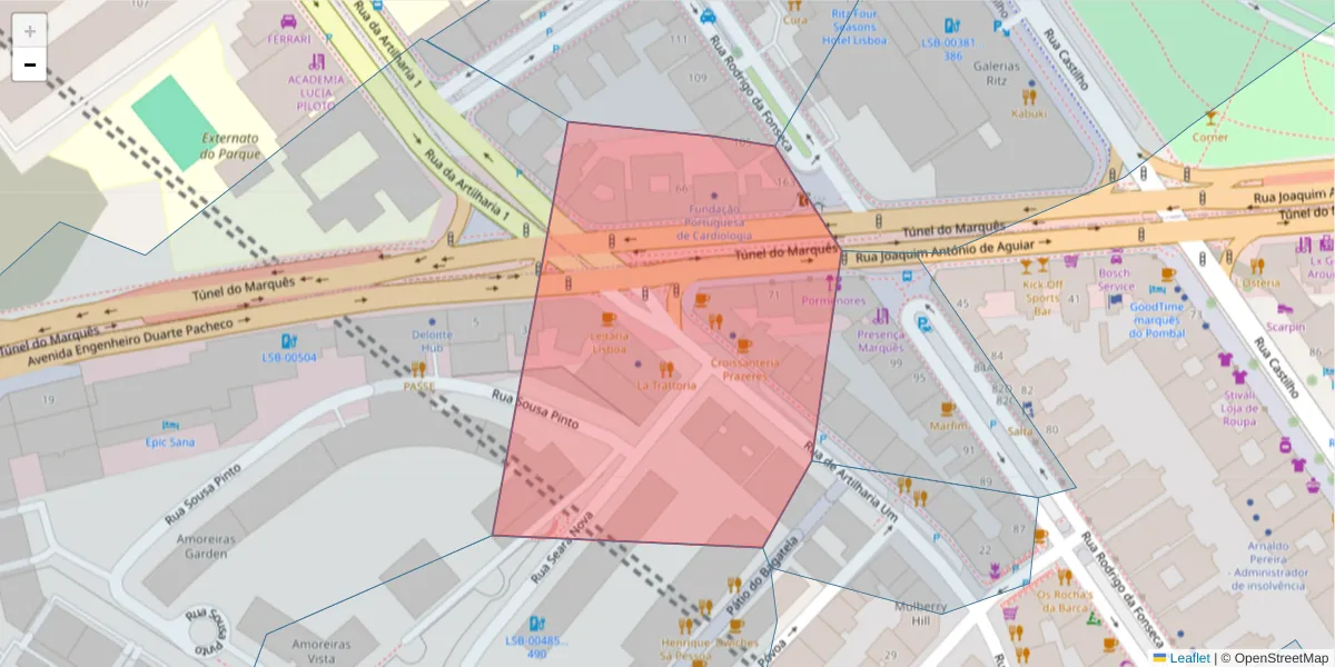 Mapa detalhado do código postal 1250-038 com limites, códigos postais vizinhos e agências dos correios