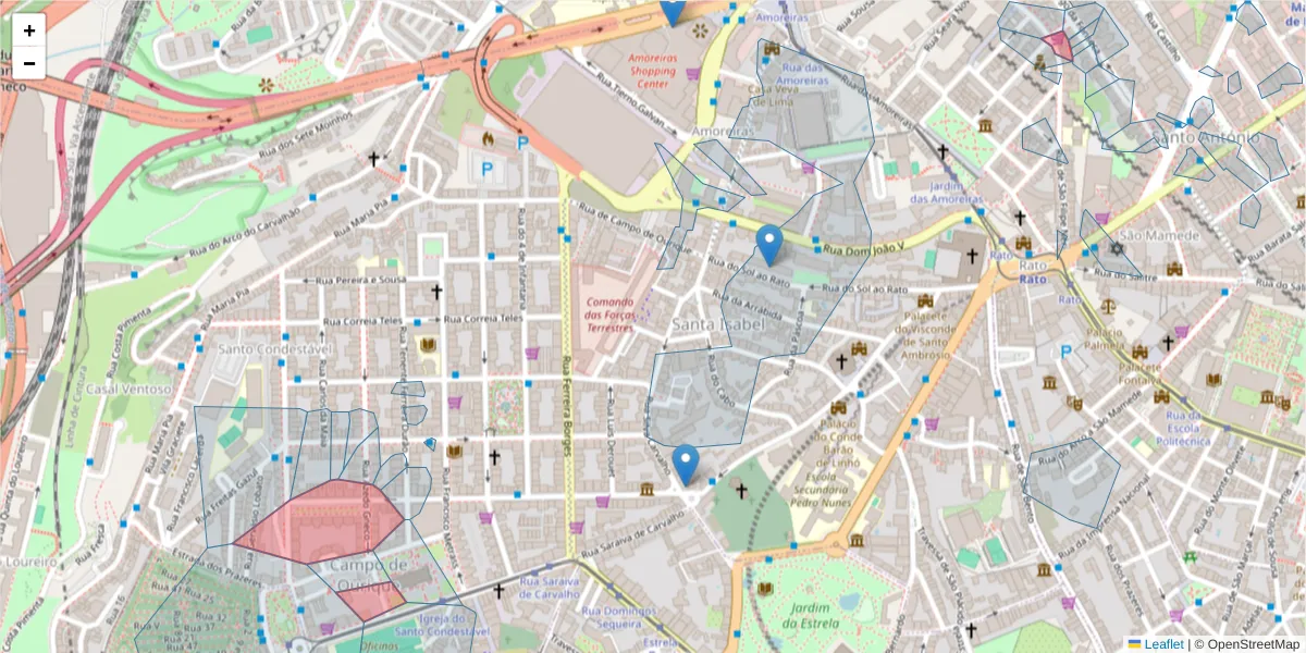 Mapa detalhado do código postal 1250-039 com limites, códigos postais vizinhos e agências dos correios