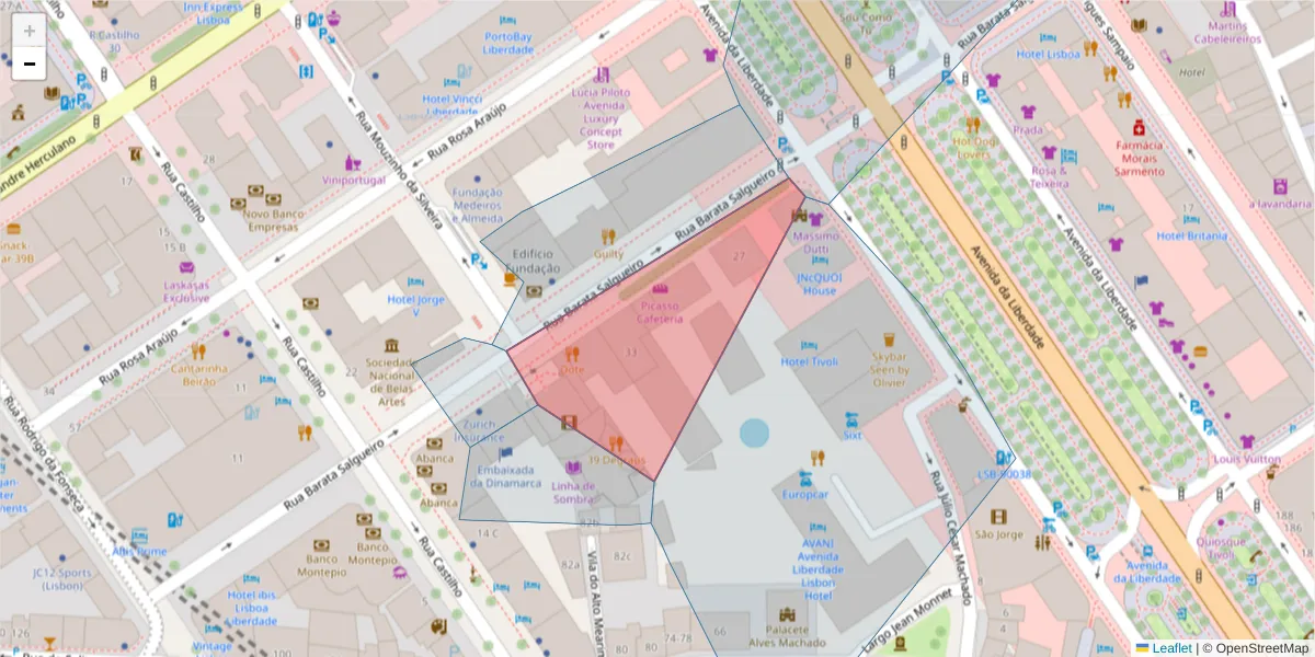 Mapa detalhado do código postal 1250-042 com limites, códigos postais vizinhos e agências dos correios